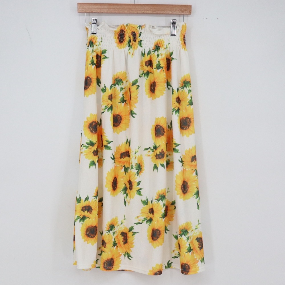 Cupshe Skirt Womens S Midi Smocked Waist Sunflower White Yellow Floral NEW